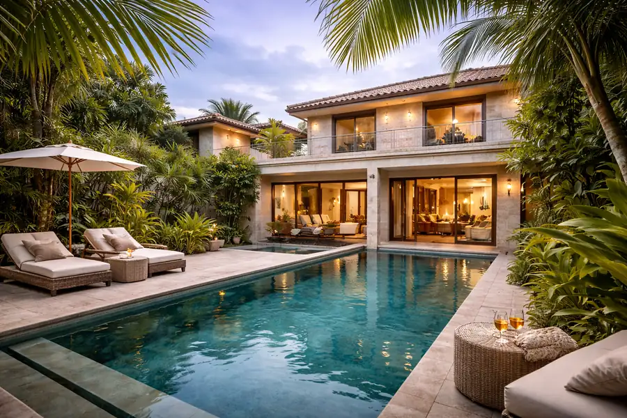 Maison contemporaine avec piscine et terrasse entourée de végétation luxuriante, illustrant l’univers de la maison haut de gamme.